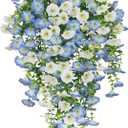 3 Pcs Artificial Hanging Flowers for Outdoors Morning Glory Artificial Flowers Spring Summer Decoration UV Resistant Blue Faux Flowers for Outdoor Planters Front Door Porch Patio Yard Decor
