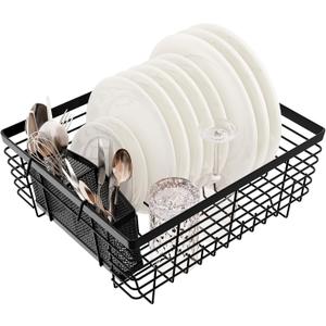 TQVAI Kitchen Dish Drying Rack Metal Dish Drainer with Full-Mesh Silverware Utensils Basket Holder, Black