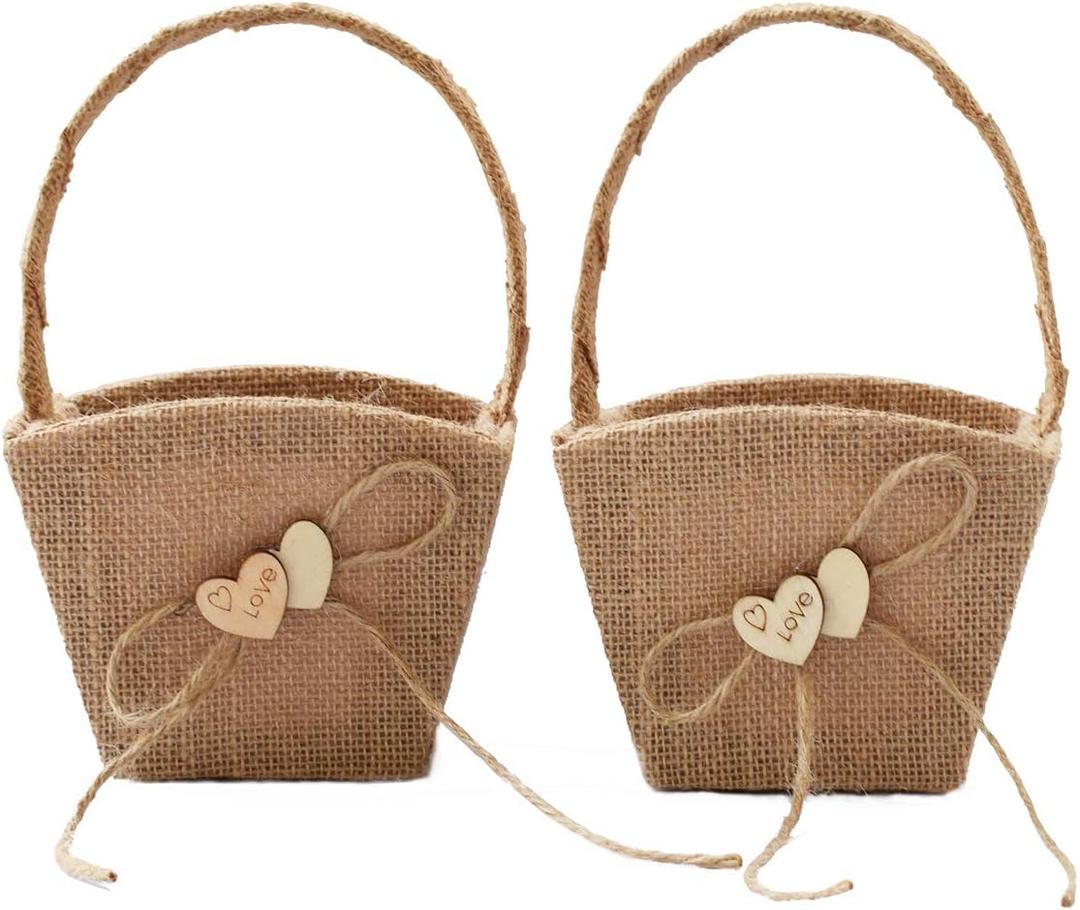 2PCS Burlap Wedding Flower Girl Basket Double Love Heart and Bowknot for Vintage Rustic Wedding