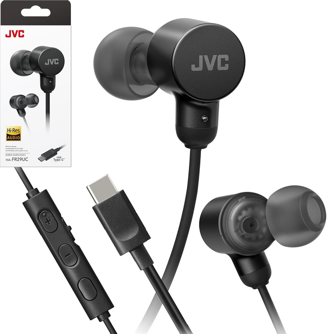 JVC Wired USB-C Earbuds - Noise Isolation - DAC - Hi-Res Audio - Built-in Mic with Mute - Comfortable Silicone Ear Tips - 3 Button Remote  Plug & Play - HAFR29UC