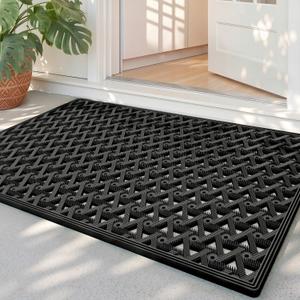 Front Door Mat Outside Entrance with Drainage, 24x36 Rubber Non Slip Dirt Trap Outdoor Doormat, Heavy Duty Waterproof Entry Mat for Entryway Patio, All Black