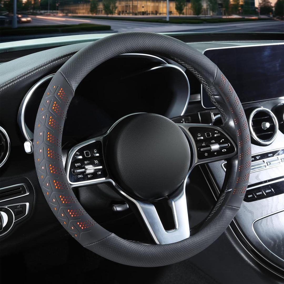 3D Premium Skin-Feel Leather Car Steering Wheel Cover, Anti-Slip Breathable Soft Slim Design, Universal 15 inch, Black with Orange (Round-Medium[14.5''-15''])