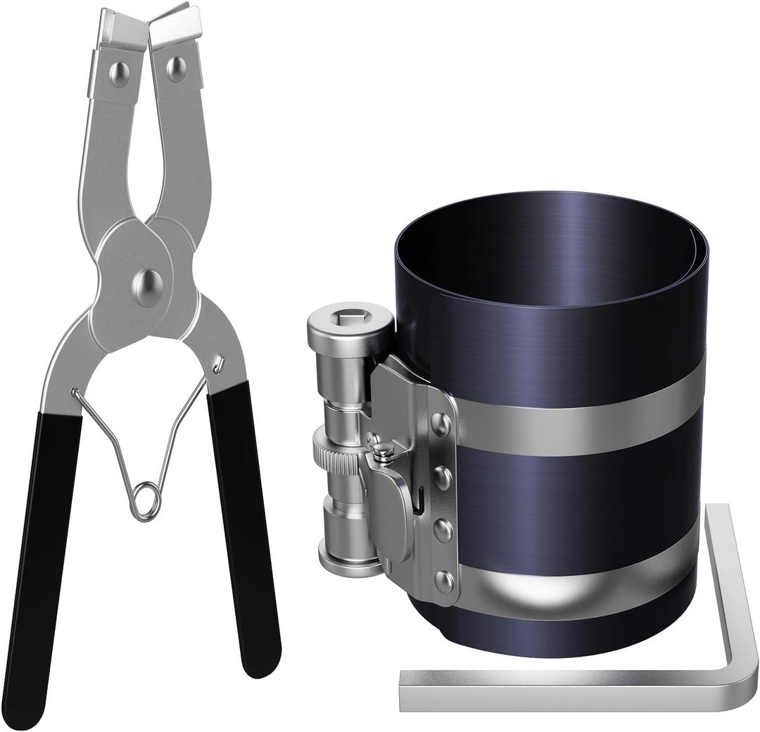 Moker Piston Ring Compressor Tool,Car Engine Piston Ring Installer Removal KitAdjustable Sizes From 2-1/8 Inches To 7 Inches (53mm - 175mm) with Piston Installer Plier