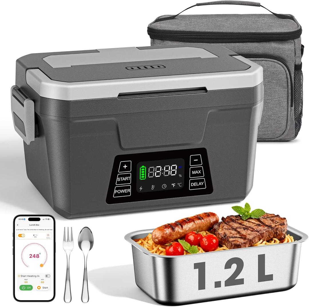 Herrfilk Cordless Electric Lunch Box for Adults with APP Control, 1.2L Portable Heated Lunch Box Battery Powered with Automatic Heating, SelfHeating Food Warmer for Work, 248°F Max, Leak Resistant