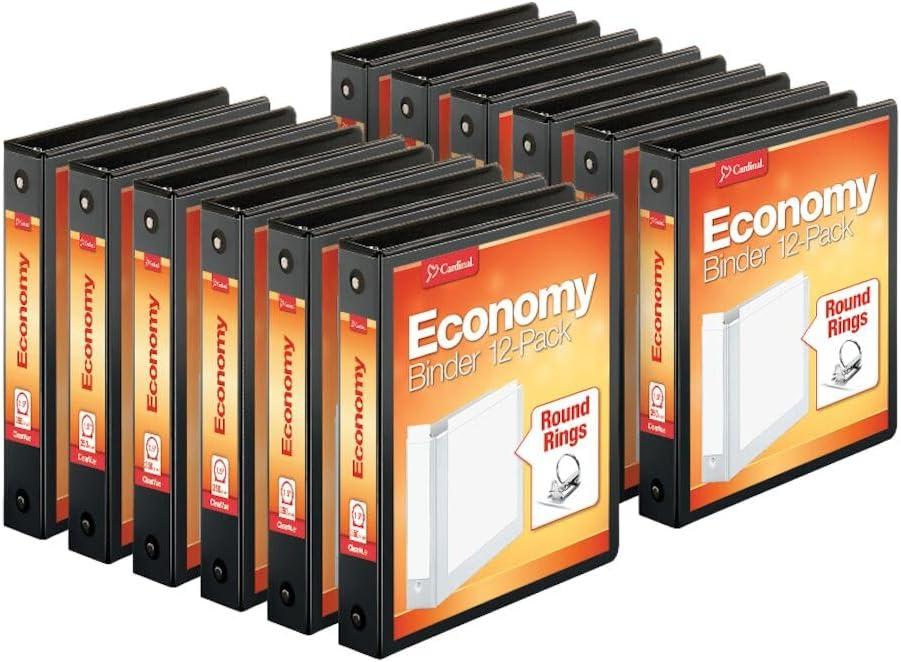 Cardinal Economy 3-Ring Binders, 1.5", Round Rings, Holds 350 Sheets, ClearVue Presentation View, Non-Stick, Black, Carton of 12 (90630)
