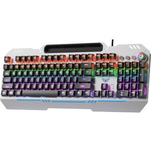 AULA Keyboard, T102M 104 Keys Hot Swappable Mechanical Gaming Keyboard with Rainbow Backlit, Red Switches, All-Metal Panel, Media Control Knob, Programmable USB Wired Keyboards for MAC Xbox PC Gamers