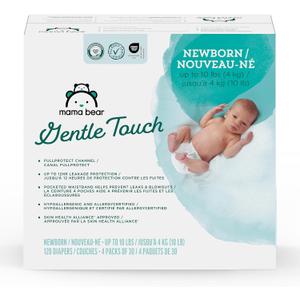Amazon Brand - Mama Bear Gentle Touch Diapers, Hypoallergenic with Leak Protection, Size Newborn, 120 Count (4 packs of 30)