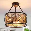 3-Light Hand Woven Boho Ceiling Light, Farmhouse Industrial Dual Round Semi Flush Mount Chandelier, Black Gold Rattan Pendant Light for Dining Room Kitchen Bedroom Living Room Foyer Coastal, Black Gold