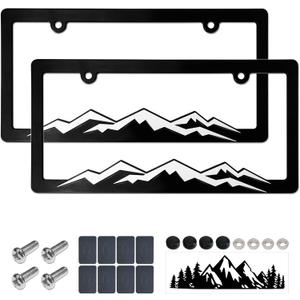 Mountain License Plate Frames- White on Black 3D Mountain Raised, ABS Plastic Car Tag Holder | Includes Rust-Proof Screws, Caps & Free Vinyl Decal Sticker