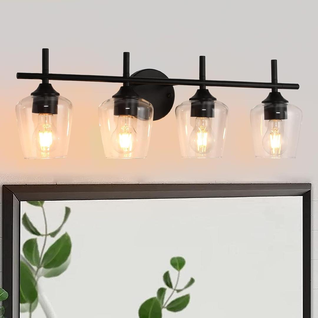 4-Light Bathroom Light Fixtures, Black Modern Vanity Light, Bathroom Wall Lamp for Mirror Kitchen, Bedroom, Hallway, Living Room, Hallway