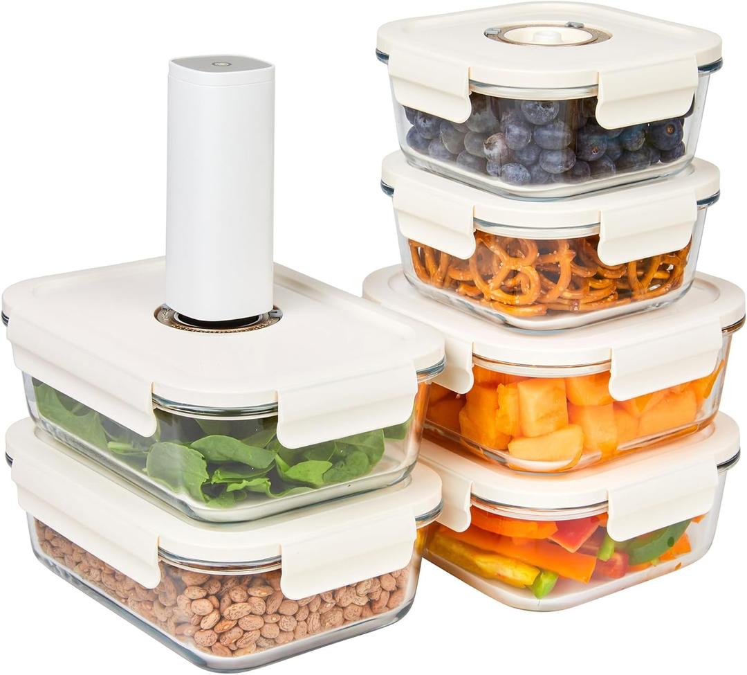 HOLDN STORAGE Vacuum Food Storage Containers, Set of 6 Glass Containers plus an Electronic Vacuum Pump  Keep Food Fresh Longer, BPA-Free Glass, Leak-Proof, Ideal for Meal Prep, Marinating.