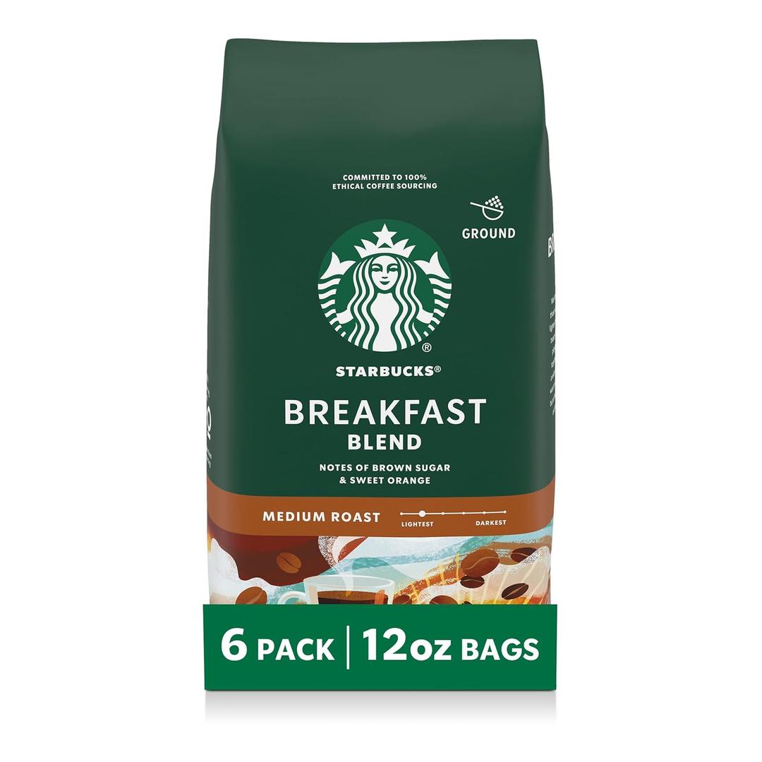 Starbucks Ground Coffee, Medium Roast Hot or Iced Coffee, Breakfast Blend, Six 12 oz Bags (EXP 06/04/26)