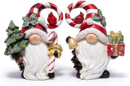 Hodao Christmas Gnome Decorations Set of 2 - Hand-Painted Resin Gnomes with Candy Cane Swirl Hats, Cardinals & Holly Accents - Tabletop Mantel Decor Winter Gift