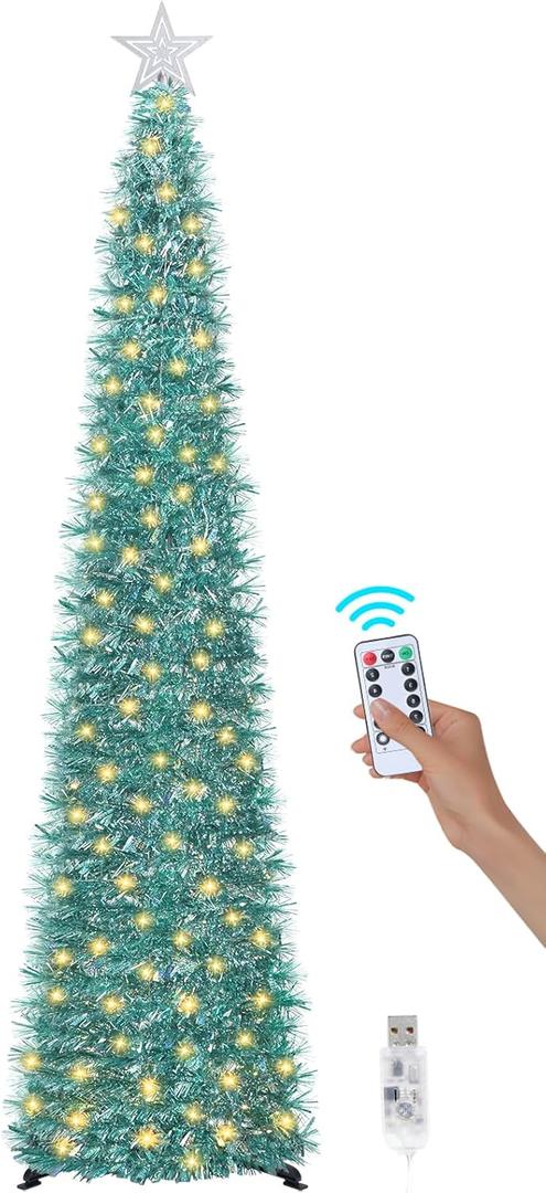 6 FT Pop Up Christmas Tree with 100 LED Timer Lights & Remote, Purple Collapsible Christmas Tinsel Tree Artificial Pencil Tree Xmas Decoration for Holiday Home Office Party, USB Powered