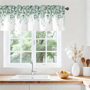 Green Eucalyptus Leaves Valance for Windows, Window Treatment Watercolor Curtains Rod Pocket Sheer Small Short Valance for Kitchen Bathroom Laundry Basement, 54Wx18L inch