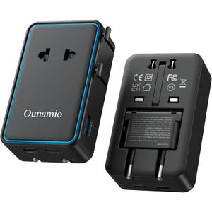 Universal Travel Adapter, 2026 Ultra-Slim Mini PD 25W 4-Port Power Adapter with 1 AC, 1 USB-A, and 2 USB-C Ports, Smart Temperature Control, Compatible for EU/UK/AU/AS, Ideal for Travel Essentials