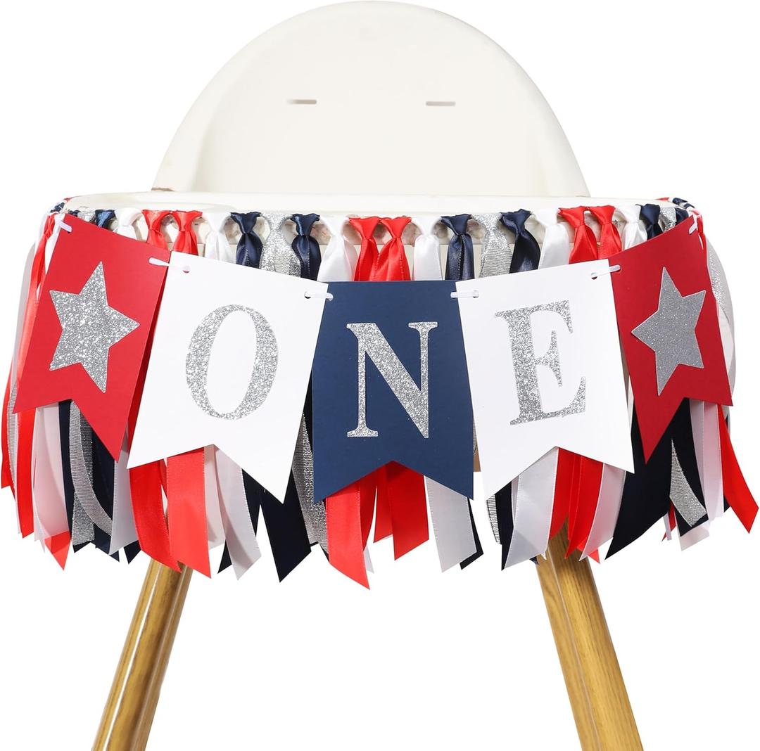 Red White and Blue 1st Birthday Highchair Banner - Patriotic First Birthday Party Decoration, Independence Day ONE Highchair Banner for Baby, Fourth of July Photo Props Cake Smash, 4th of July Party Supplies (Multicolor)