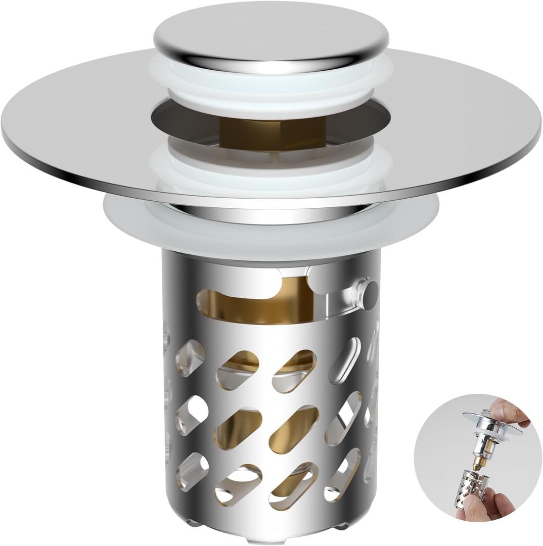 iFealClear Universal Metal Bathroom Sink Stopper, Pop Up Sink Drain Strainer with Removable Stainless Steel Hair Catcher Filter Basket, Drain Stopper for 1.1"-2.36" Basin, Brass Bounce Core,Chrome