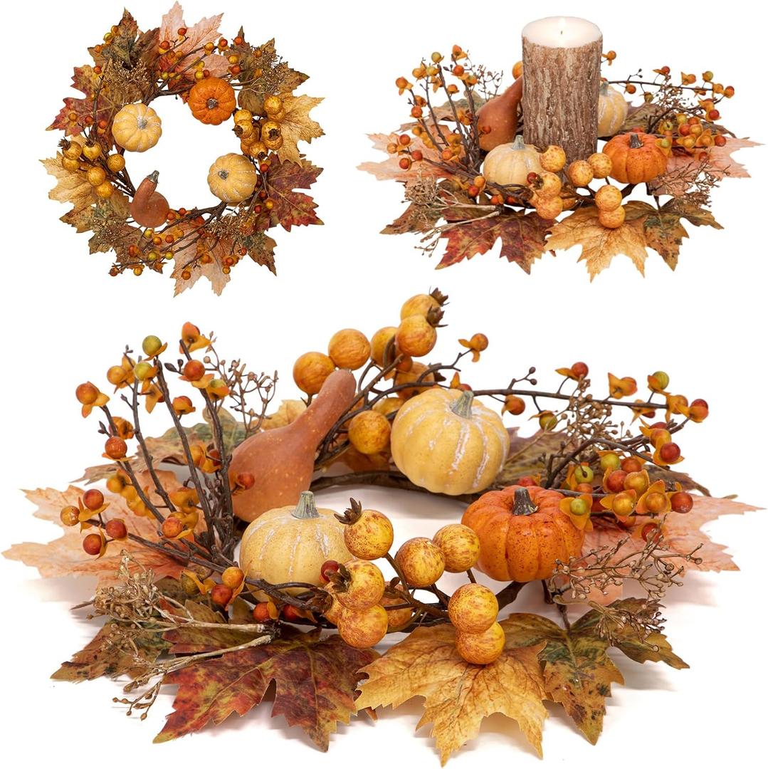 2 Set 11.8" Artificial Fall Candle Wreath for Table Centerpieces Table Accent Small Pumpkin Candle Rings for Pillars Autumn Candle Centerpieces Maple Leaf Wreath for Front Door Window-Two usages
