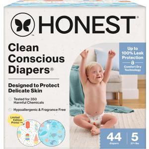 The Honest Company Comfort Dry Disposable Diapers for Sensitive Skin, Hypoallergenic, Fragrance-Free, Summer '25 Seasonal Prints, Club Box, Size 5 (27 lbs), 44 Count