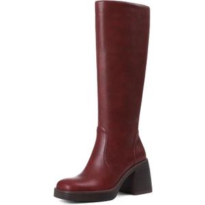 Women Knee High Boots Faux Leather Platform Chunky Square Toe Heeled Side Zipper Fall Wide Calf Long Tall Boots for Women (9, Red)