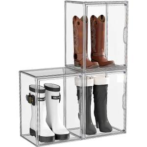 Boot Storage Organizer Tall Boots Boxes 3 Pack Clear Plastic Stackable Boot Organizers and Storage, Shoe Organizer Box, Shoe Bin Container, Acrylic Display Case for Entryway, Closet