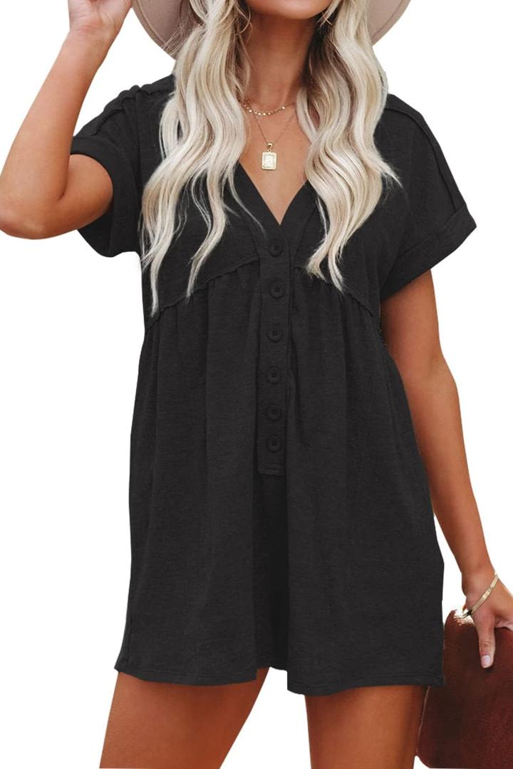 ReachMe Jumpsuits for Women Dressy Short Sleeve Rompers with Pockets Beach Jumpsuits Apparel Wide Leg Jumpers (X-Large, 01 Black)