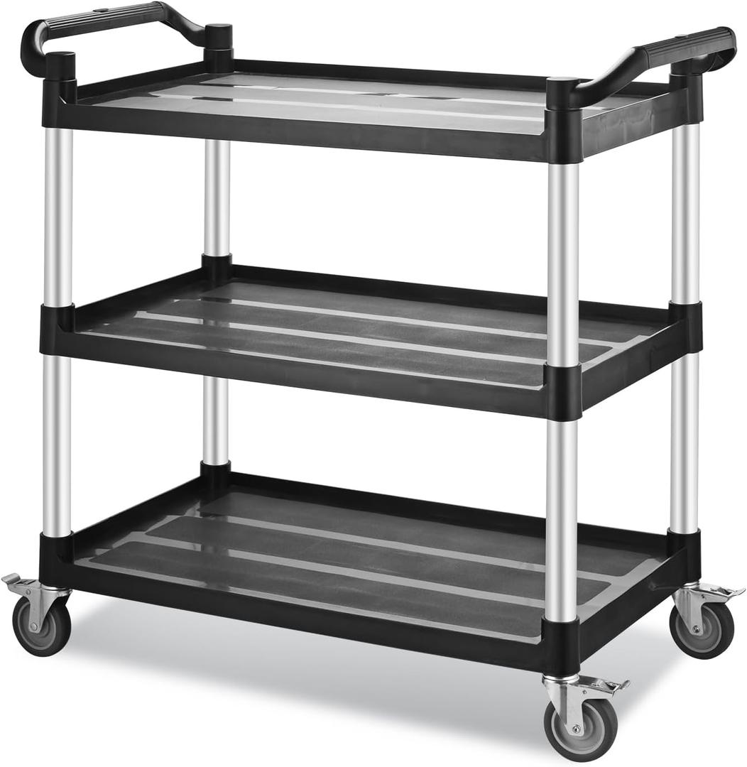 Utility Rolling Carts with Wheels, Large Size Plastic Service Carts, Heavy Duty Restaurant Cart with 4 Lockable Brake Wheels for Kitchen/Office/Warehouse (3 Tier - 34x17x37 inches / 510lbs)