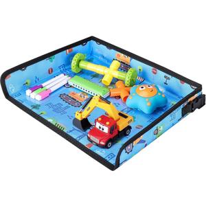 Kids Travel Tray Table Cover with Pockets  Toddler Airplane Essentials for Plane, Train, Car & Highchair, Portable Activity Board with Tablet Holder & Storage (Light Blue)