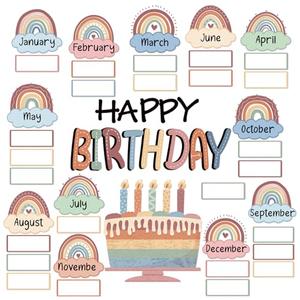 Boho Rainbow Happy Birthday Bulletin Board Rainbow Holiday Board Sign Let's Celebrate Happy Birthday Cloud Accents Cutouts for Calendars Bulletin Boards