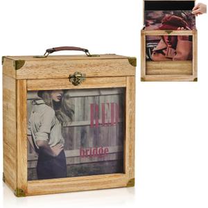 Vinyl Record Storage, Solid Wood Vinyl Record Box with Display Window Fits Standard Records- 7/10 Inch, (Upgrade Latch) Record Storage Case Hold 30-35 Records (Carbonized Brown)