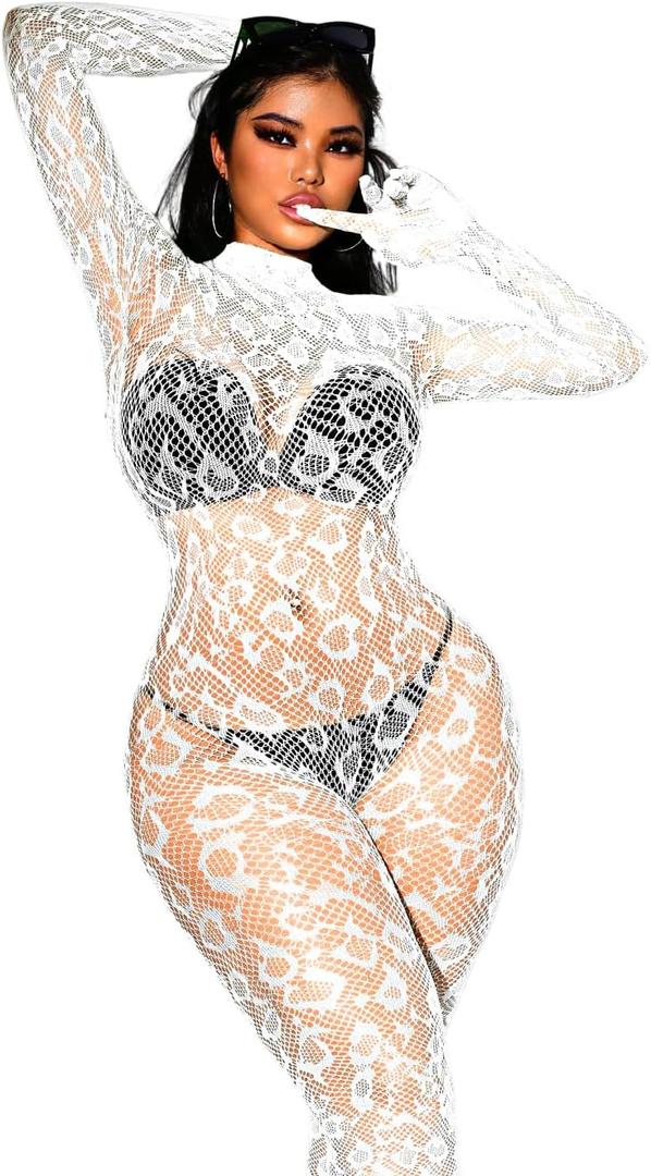 Sexy Lace Leopard Jumpsuit For Women, Fishnet Bodysuit Glow Party Club, Poster One Piece Mesh Full Body Rave Outfits (White)