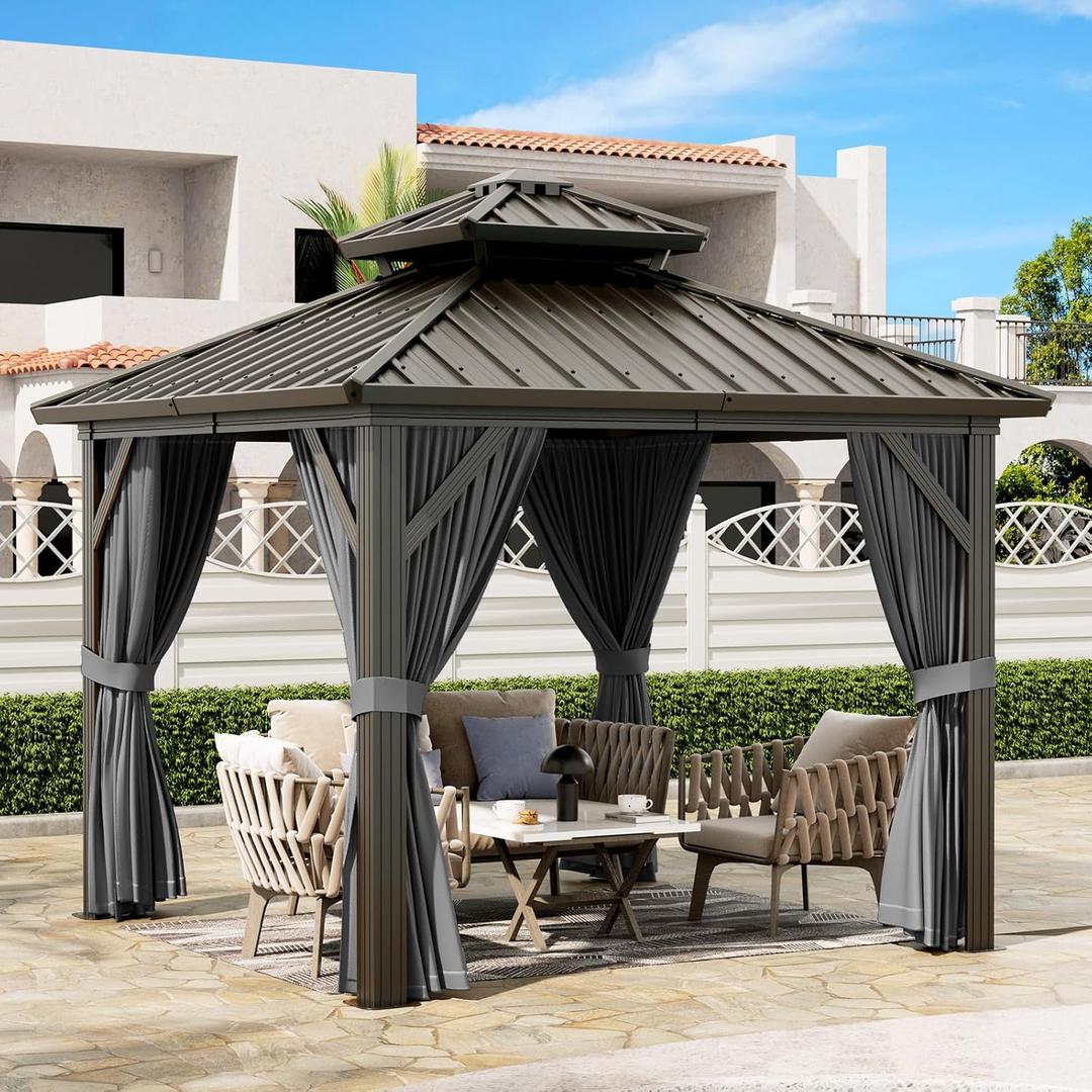 10'x10' Hardtop Gazebo, Heavy Duty Aluminum Permanent Hardtop Gazebo Outdoor Pavilion with Curtains and Netting for Garden (Gray, 10'x10')