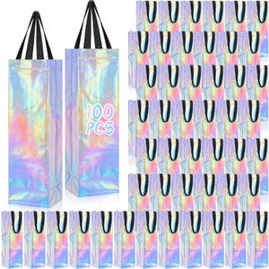 Windyun 100 Pcs Wine Gift Bags with Handle Reusable Small 13.8x3.5x3.9 Inches Liquor Bottle Totes Bulk for Birthday Wedding Christmas Holiday Party (Iridescent)