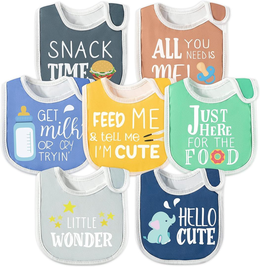 7Pcs Cotton Waterproof Baby Bibs Hook Loop Closure Newborn Bib Keepsake Baby Gift for Drooling Feeding Eating (Word)