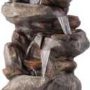 Alpine Corporation | 40" 4-Tier Rock Floor Fountain with Cascading Water & White LED Lights, Tranquil Outdoor Water Feature for Garden, Patio, Yard & Deck, Light Gray