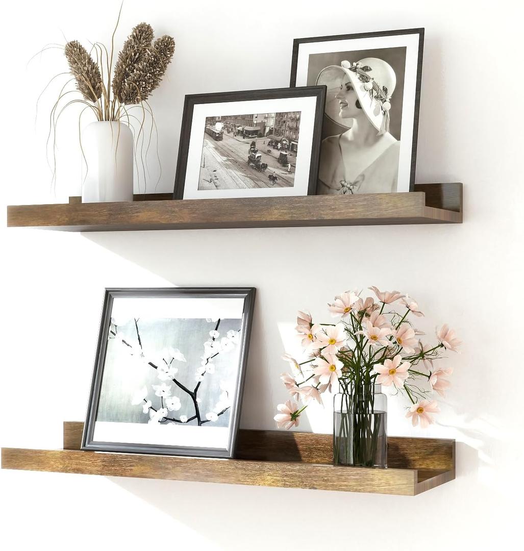 Floating Shelves for Wall Decor, Wall Mounted Wood Storage Shelf for Bedroom, Living Room, Bathroom, Kitchen, Nursery, Rustic Display Picture Ledge Shelf with Lip Set of 2-16 Inches, Brown (15.8in)