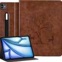 HFcoupe for iPad Air 13 inch Case M3/M2 (2025/2024) & iPad 12.9 Cases 6th/5th/4th Generation with Elastic Pencil Holder, Auto Wake/Sleep Cover Magnetic Closure, Embossed Lucky Tree Design, Tan (Brown)