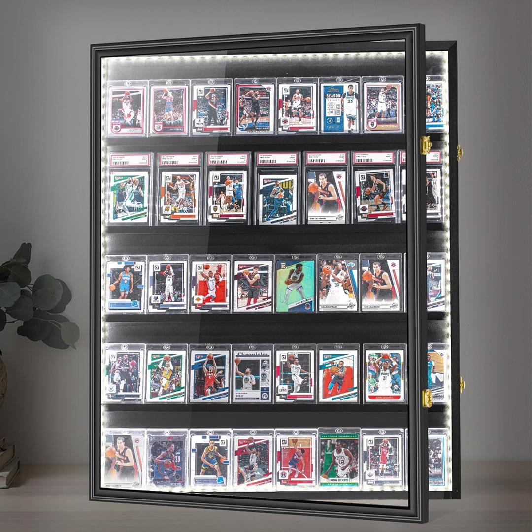 Baseball Graded Sport Card Display Case with LED Light, Large 40 Cards Display Case Wooden Wall Cabinet for Basketball Football Hockey Trading Cards Display Collectibles Souvenirs