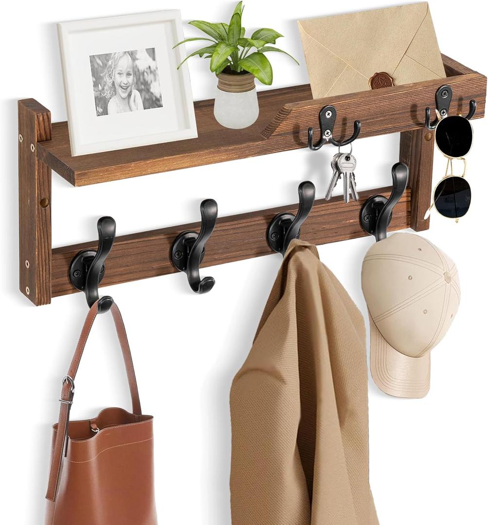 Coat Rack Wall Mount with Shelf, Coat Hanger Wall Mount with Key Hooks and Mail Holder, Wood Entryway Floating Shelf with Hooks and Storage, Hat Rack for Wall Key Holder Mail Organizer (16.6 Inch Long, Brown)