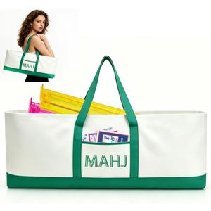 Large American Mahjong Canvas Carry Bag, 33.4 x 13.7 x 4.7 Inches Spacious Mahjong Bag for Tiles, Racks, Game Mats & Gaming Accessories, Portable Travel Organizer Gift for Mahjong Players (Green)
