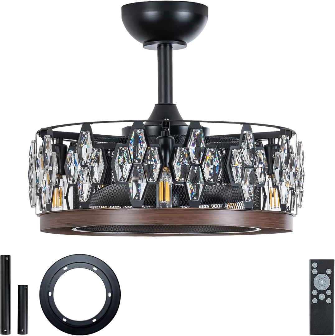 20" Crystal Black Ceiling Fan with Remote,Dual Mount for Low/High Ceilings, Medium