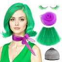 Women Green Costume Wig Set  4Pcs Adult Short Green Cosplay Wig Adjustable with Wig Cap, False Eyelashes, Purple Scarf & Puff Skirt  Character Outfit for Halloween, Anime, Party & Cosplay