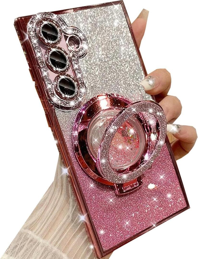 Changjia for Samsung Galaxy S24 Plus Glitter Kickstand Case,Luxury Bling Sparkly Diamond Rhinestone with Camera Protector Liquid Ring Stand Clear Phone Case for Women Girl for Galaxy S24 Plus (Pink)