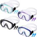 4 Pack Adult Swim Goggles with Nose Cover and Earplugs, Anti Fog Tempered Glass Diving Mask, Wide View Waterproof Snorkeling Goggles for Men Women Teens Swimming Pool Beach Vacation(Cute Color)