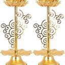 Gold Lotus Tealight Candle Holder - 2pcs Religious Diwali Votive Candle Holder Stand Decorative Temple Home Decor (16.5X5X5cm)