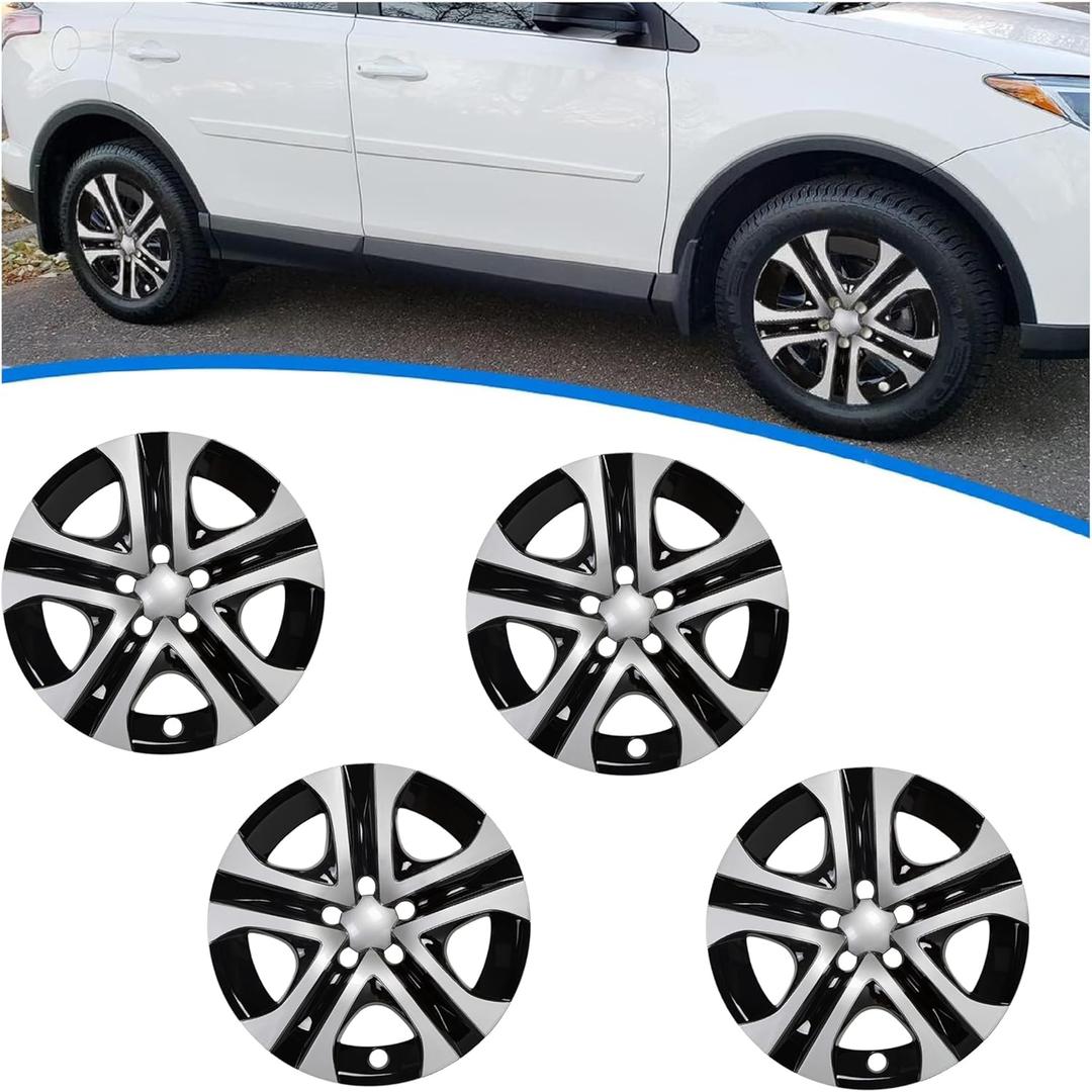 ECOTRIC 17" Hubcaps Wheel Covers Wheel Skins Compatible with 2013-2018 Toyota RAV4 LE, R17 Wheel Rim Cover, 5 Spoke, Silver/Black Plastic - Set of 4