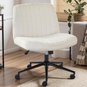DUMOS Criss Cross Chair with Wheels, Wide Cross Legged Office Desk Vanity Chairs, Fabric Armless Adjustable Swivel Chairs for Home Computer Task, Beige