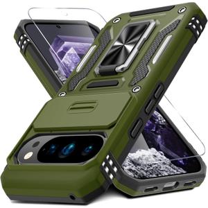 DEERLAMN Case for Google Pixel 10 Pro XL with Slide Camera Cover+Screen Protector(1 Pack), Rotated Ring Kickstand Military Grade Shockproof Protective Cover-Olive Green