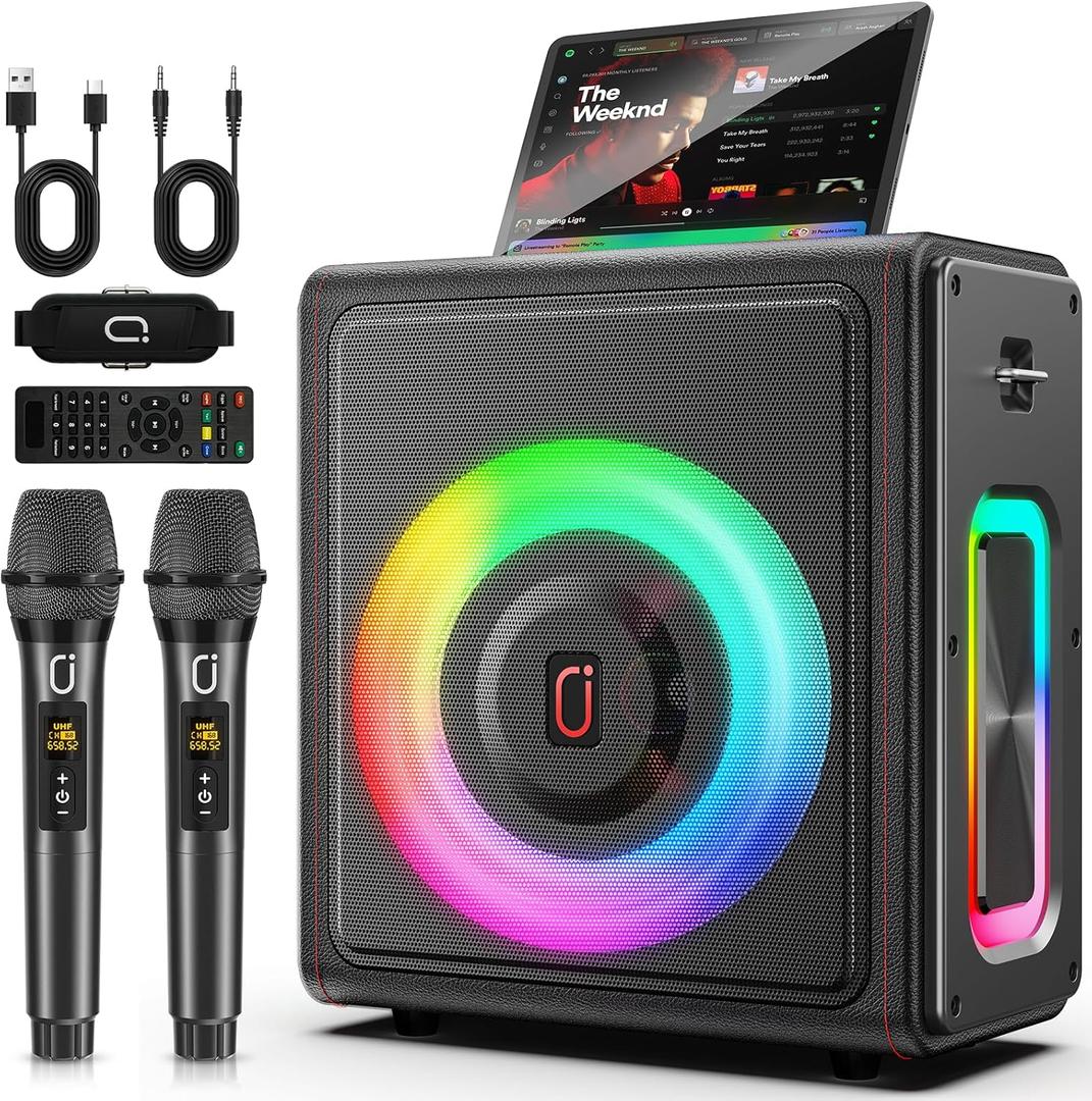 Karaoke Machine, Portable Bluetooth 5.3 Speaker with 2 Wireless Microphones for Adults, PA System with Pitch Correction & Echo Adjustment, Supports TWS/TF Card/USB/AUX/Live for Home Party